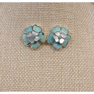 Stunning Sterling Silver 3D Turquoise & Mother Of Pearl Flower Earrings